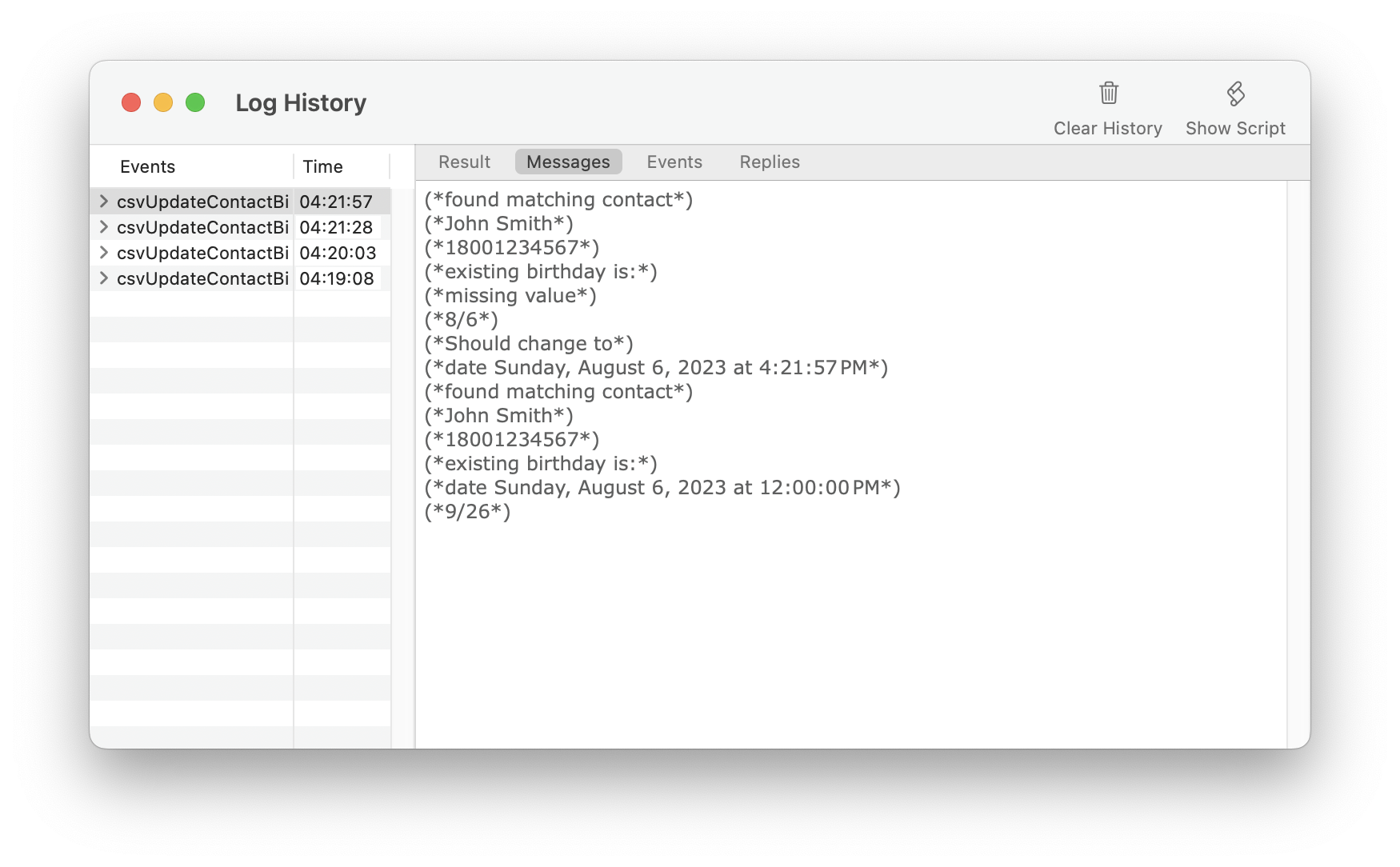 Screenshot of AppleScript logs showing that it stores the birth date somewhere