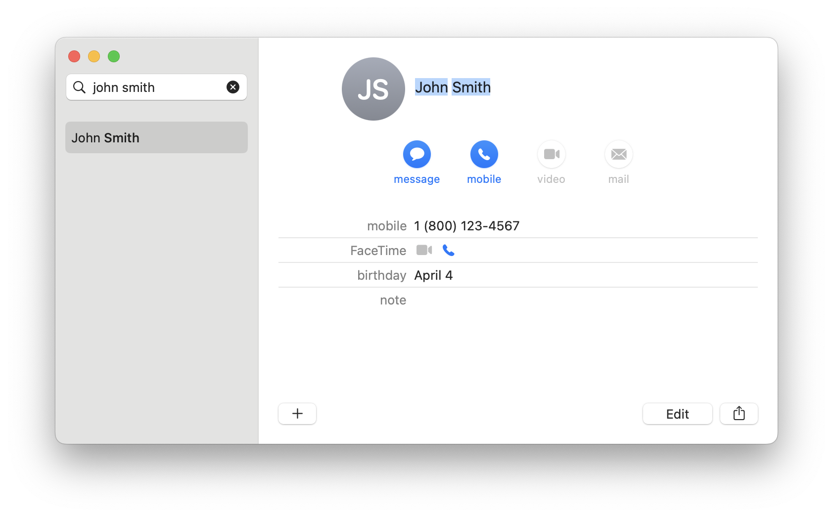 A contact card for a ficticious person, John Smith, with a birthday of April 4th. There is no year shown