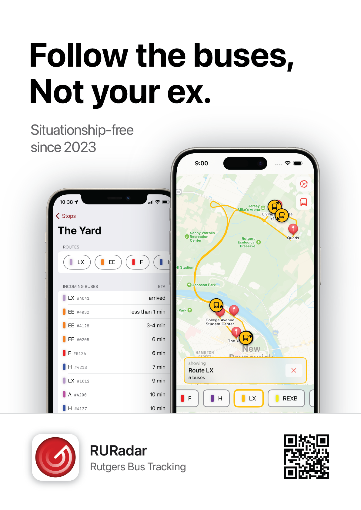 An advertisement for RURadar stating “Follow the buses, not your ex.”, with a subline of “Situationship-free since 2023.”